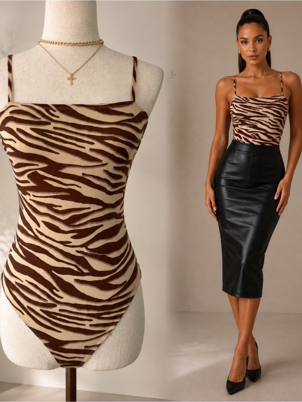 Heart & Hips Brown and Cream Zebra-Print Spaghetti Strap Bodysuit